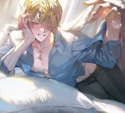 Rule 34 | 1boy, bed, black pants, blonde hair, blue shirt, blush, cigarette, collared shirt, hair over one eye, holding, holding cigarette, indoors, looking at viewer, lying, male focus, navel, nipples, on bed, on side, one piece, pants, pillow, runa (nori31291404), sanji (one piece), shirt, short hair, smile, solo, teeth, toned, toned male