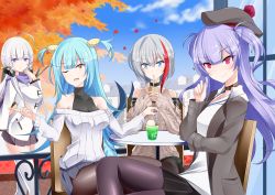 Rule 34 | 4girls, ;d, admiral graf spee (azur lane), admiral graf spee (peaceful daily life) (azur lane), ahoge, ajax (azur lane), aran sweater, autumn leaves, azur lane, bare shoulders, beret, black choker, black headwear, black ribbon, black skirt, blue eyes, blue hair, blue skirt, blue sky, blush, breasts, brown eyes, brown legwear, brown skirt, brown sweater, building, cable knit, chair, choker, closed mouth, cloud, coat, collarbone, commentary request, covered collarbone, cup, day, drinking, drinking glass, drinking straw, hair between eyes, hair ribbon, hat, hebitsukai-san, highres, holding, holding cup, illustrious (azur lane), long hair, long sleeves, looking at viewer, medium breasts, mole, mole under eye, multicolored hair, multiple girls, neptune (azur lane), off-shoulder sweater, off shoulder, on chair, one eye closed, open mouth, outdoors, pantyhose, pleated skirt, purple eyes, purple hair, railing, red hair, ribbon, shell hair ornament, silver hair, sitting, skirt, sky, sleeves past wrists, smile, streaked hair, sweater, table, two side up, very long hair, white coat, white sweater, window