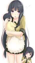 Rule 34 | 10s, 2girls, absurdres, apron, baby, baby carry, black hair, carrying, cellphone, commentary request, fidgeting, flying sweatdrops, highres, if they mated, iphone, jitome, kantai collection, kitakami (kancolle), long hair, low-tied long hair, mother and daughter, multiple girls, aged up, open mouth, personification, phone, purple eyes, saku (kudrove), sidelocks, smartphone, very long hair, aged down