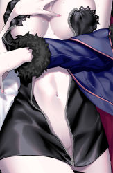 Rule 34 | 1girl, black dress, blue jacket, breasts, dress, fate/grand order, fate (series), fur trim, jacket, jeanne d&#039;arc alter (fate), jeanne d&#039;arc alter (ver. shinjuku 1999) (fate), large breasts, navel, no bra, pale skin, solo, thighs, wet, white background