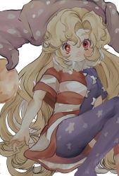 Rule 34 | 1girl, american flag dress, blonde hair, clownpiece, hat, highres, inkopico, jester cap, long hair, looking at viewer, pantyhose, polka dot, red eyes, short sleeves, simple background, solo, star (symbol), striped, touhou, very long hair, white background