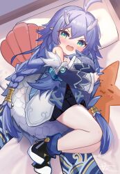 Rule 34 | 1girl, :o, absurdres, antenna hair, bailu (honkai: star rail), bed, bed sheet, blue hair, blush, braid, chinese clothes, commentary request, dragon, dragon girl, dragon horns, dragon tail, eastern dragon, green eyes, hair between eyes, hair tubes, highres, holding own tail, honkai: star rail, honkai (series), horns, hugging tail, long hair, long sleeves, looking at viewer, low twintails, lying, on side, pillow, shoes, sidelocks, solo, tail, twin braids, twintails, wide sleeves, zcx