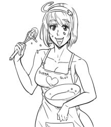 Rule 34 | 00s, 1girl, ahoge, apron, bad id, bb (baalbuddy), bowl, breasts, cleavage, cosette coalhearth, english text, greyscale, hairband, inactive account, large breasts, messy, monochrome, naked apron, profanity, senjou no valkyria, senjou no valkyria (series), senjou no valkyria 2, short hair, sideboob, smile, solo, whisk