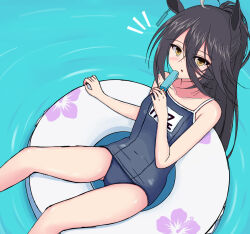 Rule 34 | 1girl, ahoge, animal ears, bare arms, bare shoulders, black hair, blue one-piece swimsuit, breasts, brown eyes, collarbone, commentary request, feet out of frame, food, hair between eyes, highres, holding, holding food, horse ears, innertube, long hair, manhattan cafe (umamusume), old school swimsuit, one-piece swimsuit, parted lips, ponytail, popsicle, ripples, school swimsuit, small breasts, solo, sonosakiburi, swim ring, swimsuit, umamusume, very long hair, water