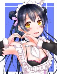 Rule 34 | 1girl, apron, blue hair, blush, commentary request, detached collar, detached sleeves, double bun, earrings, hair bun, hair ornament, heart, heart hands, highres, jewelry, long hair, looking at viewer, love live!, love live! school idol project, maid, maid apron, maid headdress, mogyutto &quot;love&quot; de sekkin chuu!, open mouth, sae (scux2547), simple background, solo, sonoda umi, upper body, yellow eyes