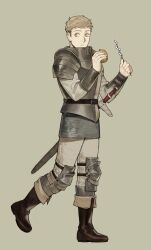 Rule 34 | 1boy, absurdres, arm guards, armor, belt, blonde hair, boots, breastplate, burger, chainmail, dungeon meshi, eating, food, full body, grey pants, hands up, highres, holding, holding burger, holding food, holding skewer, laios thorden, long sleeves, looking at viewer, looking to the side, male focus, p (pm 611a), pants, pauldrons, plate armor, shin guards, short hair, shoulder armor, sideways glance, simple background, skewer, solo, standing, sword, vambraces, walking, weapon, white pants, yellow eyes