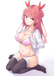 Rule 34 | 1girl, arms behind back, black thighhighs, blush, bra, breasts, cleavage, collarbone, collared shirt, eyebrows hidden by hair, frown, hair ribbon, highres, large breasts, long hair, looking at viewer, navel, open clothes, open shirt, original, panties, pink bra, pink panties, red eyes, red hair, red ribbon, ribbon, shirt, sitting, solo, thighhighs, two side up, underwear, wariza, white background, white shirt, wing (aiastor)