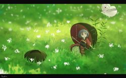 Rule 34 | 1girl, ahoge, bad id, bad pixiv id, bowl, bowl hat, bug, butterfly, day, grass, hat, unworn hat, unworn headwear, highres, insect, japanese clothes, kimono, letterboxed, looking up, megami benka, mini person, minigirl, needle, obi, on grass, on ground, open mouth, purple hair, red eyes, sash, short hair, smile, solo, sukuna shinmyoumaru, touhou