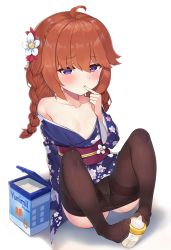 Rule 34 | 1girl, 2drr, :t, ahoge, areola slip, baby bottle, bare shoulders, blue kimono, blush, bottle, braid, breasts, brown hair, brown pantyhose, closed mouth, clothes pull, collarbone, commentary request, finger to mouth, floral print, flower, full body, hair between eyes, hair flower, hair ornament, hand up, highres, japanese clothes, kimono, knees up, long hair, looking away, no shoes, obi, off shoulder, pantyhose, pantyhose pull, princess connect!, print kimono, purple eyes, red flower, sash, shadow, simulated footjob, sitting, small breasts, solo, thighband pantyhose, twin braids, white background, white flower, yuni (princess connect!)