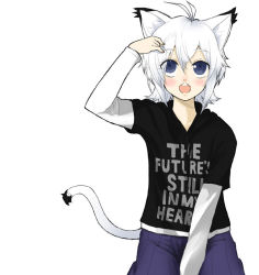 Rule 34 | 1girl, adjusting hair, ahoge, animal ears, between thighs, cat ears, cat tail, clothes writing, looking up, open mouth, original, shirt, solo, t-shirt, tail, takano saki, thighs, white hair