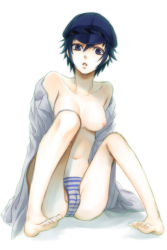 Rule 34 | 1girl, atlus, bare shoulders, barefoot, blue eyes, blue hair, breasts, cabbie hat, cameltoe, feet, female focus, hat, kirishima sou, large breasts, looking at viewer, matching hair/eyes, open clothes, open shirt, panties, persona, persona 4, shirogane naoto, shirt, short hair, sitting, solo, striped clothes, striped panties, underwear, undressing
