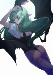 Rule 34 | 1girl, absurdres, animal print, arms up, ass, bat print, black leotard, breasts, commentary request, demon girl, feather trim, fingernails, from behind, green eyes, green hair, head wings, highleg, highleg leotard, highres, huge filesize, itou kazuki, leotard, lips, long hair, looking at viewer, looking back, medium breasts, morrigan aensland, pantyhose, purple pantyhose, simple background, smile, solo, vampire (game), white background, wings