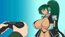 Rule 34 | 10s, 1boy, 1girl, android, animated, artist name, black dress, body control, borrowed character, bouncing, bouncing breasts, breasts, cleavage, collar, controller, dainapp, dress, game console, game controller, gamepad, glowing, gradient background, green background, green eyes, green hair, highres, holding, holding controller, huge breasts, interpolated, long hair, long sleeves, looping animation, marrazan, matching hair/eyes, motion blur, multicolored background, navel, nyka, original, out of frame, playstation 4, playstation controller, ponytail, resized, revealing clothes, shoulder pads, signature, solo focus, sony, standing, staring, third-party edit, upscaled, video, watching