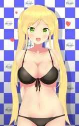 Rule 34 | 1girl, :d, absurdres, arms behind back, azur lane, bare shoulders, bikini, black bikini, blonde hair, blue background, blush, breasts, checkered background, cleavage, collarbone, copyright name, cowboy shot, front-tie bikini top, front-tie top, green eyes, groin, heart, highres, hornet (azur lane), large breasts, logo, long hair, looking at viewer, navel, open mouth, parted bangs, sidelocks, smile, solo, step and repeat, swimsuit, teeth, twintails, white background, yuujoduelist