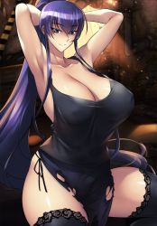 Rule 34 | 1girl, armpits, arms behind head, arms up, blue eyes, breasts, busujima saeko, cleavage, covered erect nipples, haganef, highschool of the dead, huge breasts, long hair, looking at viewer, parted lips, ponytail, purple hair, smile, solo, thighhighs, very long hair