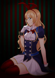Rule 34 | 1girl, absurdres, ace (playing card), ace of hearts, black gloves, blonde hair, blue eyes, bow, card, dress, gloves, hairband, heart, highres, koyaya, looking at viewer, original, playing card, red thighhighs, sitting, solo, striped, striped background, thighhighs, vertical stripes, wavy hair, wrist cuffs, zettai ryouiki