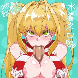 Rule 34 | 1girl, :&gt;=, absurdres, ahoge, aqua background, artist name, bad id, bad pixiv id, bare shoulders, bikini, blonde hair, blush, breasts, censored, character name, commentary request, dated, earrings, fate/grand order, fate (series), fellatio, grabbing own breast, green eyes, hair intakes, hero neisan, highres, jewelry, large breasts, long hair, looking at viewer, mosaic censoring, nero claudius (fate), nero claudius (fate) (all), nero claudius (swimsuit caster) (fate), nipples, oral, penis, pov, striped bikini, striped clothes, swimsuit, twintails