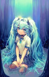Rule 34 | 1girl, absurdres, black choker, black skirt, blue hair, breasts, brown thighhighs, choker, closed mouth, collared shirt, commentary request, glowing, green eyes, hair between eyes, hatsune miku, highres, long hair, looking at viewer, maido mido, pleated skirt, seiza, shallow water, shirt, short sleeves, sitting, skirt, small breasts, smile, solo, thighhighs, tree, twintails, v arms, very long hair, vocaloid, water, white shirt