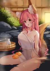 Rule 34 | 1girl, absurdres, animal ear fluff, animal ears, apertio, bare shoulders, breasts, brown eyes, brush, cleavage, fate/extra, fate/grand order, fate (series), fox ears, fox girl, fox tail, hair between eyes, highres, huge filesize, large breasts, long hair, naked towel, onsen, open mouth, pink hair, sitting, solo, steam, tail, tamamo (fate), tamamo no mae (fate/extra), towel, wet