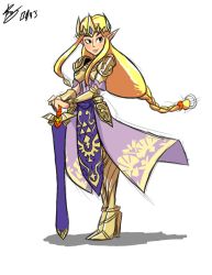 Rule 34 | 1girl, armor, armored dress, bigdead, black eyes, blonde hair, blush, faulds, forehead jewel, greaves, highres, hyrule warriors, lips, long hair, low-tied long hair, nintendo, pauldrons, planted, planted sword, planted weapon, pointy ears, princess zelda, sheath, sheathed, shoulder armor, sidelocks, smile, solo, sword, tabard, the legend of zelda, tiara, triforce, vambraces, very long hair, weapon