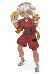 Rule 34 | 1girl, alternate costume, animal hands, bea (pokemon), blush, chinese zodiac, clip studio paint (medium), commentary request, creatures (company), full body, game freak, gloves, grey eyes, grey hair, hairband, hatonosuke., highres, jacket, looking at viewer, nintendo, open mouth, paw gloves, pokemon, pokemon swsh, red jacket, red shorts, sandals, sash, short hair, short sleeves, shorts, socks, solo, standing, tabi, tail, teeth, tiger tail, upper teeth only, year of the tiger