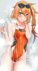 Rule 34 | 1girl, aiuti, blue eyes, commentary request, competition swimsuit, cowboy shot, eyewear on head, flat chest, girls&#039; frontline, highleg, highleg swimsuit, highres, kalina (girls&#039; frontline), long hair, looking at viewer, one-piece swimsuit, orange hair, orange one-piece swimsuit, shower head, showering, side ponytail, smile, solo, steam, sunglasses, sunglasses on head, swimsuit