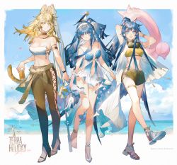Rule 34 | 3girls, :d, alternate costume, animal, animal ears, animal on head, arknights, arm strap, astesia (arknights), astgenne (arknights), bandeau, bare arms, bare legs, bare shoulders, bird, bird on head, black choker, black pants, blonde hair, blue dress, blue eyes, blue hair, blue sky, blush, breasts, can, cat ears, cat tail, character name, choker, cleavage, cloud, collarbone, crop top, day, dress, full body, goggles, goggles around neck, high heels, highres, holding, holding can, innertube, leggings, long hair, looking at viewer, medium breasts, microdress, midriff, multiple girls, navel, on head, open mouth, outdoors, pants, quercus (arknights), sky, sleeveless, sleeveless dress, sleeveless jacket, smile, spaghetti strap, standing, stomach, strapless, swim ring, tail, tube top, yellow eyes, yuji (fantasia)