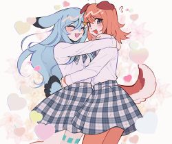 Rule 34 | 2girls, :d, animal ears, animal nose, blue hair, blurry, blurry background, blush, breasts, buttons, closed eyes, commission, dog ears, dog girl, dog tail, fang, floral background, furry, furry female, grey eyes, hair between eyes, happy, heart, highres, hug, long hair, long sleeves, looking at viewer, multiple girls, open mouth, orange hair, original, pastel colors, plaid, plaid skirt, school uniform, serafelis, shirt, shirt tucked in, short hair, skirt, small breasts, smile, standing, tail, white background, white shirt, yuri