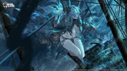 Rule 34 | 1girl, absurdres, anchor, azur lane, belt, black belt, black coat, black shirt, blue eyes, blue hair, blurry, blurry foreground, breasts, cleavage, coat, from above, full body, hair between eyes, hair over one eye, highres, horns, large breasts, logo, long hair, looking at viewer, mary celeste (azur lane), mast, navel, ocean, official art, open clothes, open coat, parted lips, pelvic curtain, pointy ears, rain, ship, shirt, skindentation, solo, squatting, storm, swd3e2, thigh strap, torn clothes, torn shirt, watercraft, watermark, waves