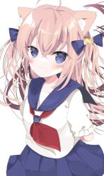 Rule 34 | 1girl, animal ears, arms behind back, blonde hair, blue eyes, blue ribbon, blue sailor collar, blue skirt, blush, character request, copyright request, hair ribbon, highres, light blush, long hair, looking at viewer, nanakusa miya, ribbon, sailor, sailor collar, shirt, simple background, skirt, smile, solo, white background