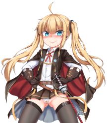 Rule 34 | &gt;:), 1girl, ahoge, amazon (azur lane), azur lane, black gloves, black thighhighs, blonde hair, blue eyes, blush, cape, commentary request, gloves, hands on own hips, highres, long hair, looking at viewer, otinyanko, panties, pantyshot, pleated skirt, simple background, skirt, smile, solo, standing, sword, thighhighs, twintails, underwear, v-shaped eyebrows, weapon, white background, white panties, zettai ryouiki