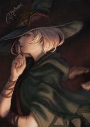 Rule 34 | 1girl, ace attorney, artist name, braid, brown background, cape, esmeralda tusspells, finger to mouth, from side, green cape, hair behind ear, hat, highres, light brown hair, long hair, nose, nyuukazai, red eyes, simple background, single braid, solo, the great ace attorney, the great ace attorney 2: resolve, upper body, witch hat