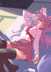 Rule 34 | 1girl, absurdres, animal ears, arm up, black thighhighs, feet out of frame, futon, highres, huge filesize, indoors, kawayabug, long hair, long sleeves, looking at viewer, lying, miniskirt, necktie, no shoes, on back, parted lips, pillow, pink lips, pleated skirt, purple hair, purple skirt, rabbit ears, red eyes, red necktie, reisen udongein inaba, skirt, solo, tatami, thighhighs, thighs, touhou, zettai ryouiki