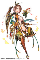 Rule 34 | 1girl, animal, arm at side, armor, breasts, brown hair, character request, cleavage, clothing cutout, creature, dagger, earrings, fang, floating, full body, groin, hairband, hand up, highleg, highleg leotard, holding, holding weapon, horned mask, houchi shoujo, japanese armor, jewelry, knee up, knife, large breasts, leotard, long sleeves, looking at viewer, mask, monkey, monkey mask, navel, official art, open clothes, open mouth, orange eyes, plunging neckline, popqn, revealing clothes, sandals, short hair, simple background, socks, solo focus, suneate, tabi, thigh cutout, weapon, white background, zouri