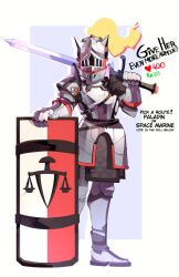 Rule 34 | 1girl, absurdres, armor, armored boots, belt, black belt, boots, english text, facing viewer, full armor, full body, fur-trimmed armor, fur trim, gauntlets, helm, helmet, highres, holding, holding shield, holding sword, holding weapon, looking at viewer, meme, original, shield, shoulder plates, solo, sword, twitter strip game (meme), vivelia, weapon, white background
