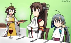 Rule 34 | &gt;:), &gt;:d, 10s, 3girls, :d, ahoge, apron, brown eyes, brown hair, detached sleeves, hairband, hamu koutarou, kantai collection, kiyoshimo (kancolle), kongou (kancolle), long hair, low twintails, multiple girls, nontraditional miko, open mouth, ponytail, school uniform, grey eyes, silver hair, smile, sparkle, twintails, v-shaped eyebrows, yamato (kancolle)