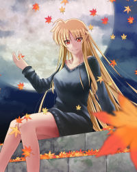 Rule 34 | 1girl, autumn leaves, bare legs, black sweater, blonde hair, blurry, blurry foreground, braid, closed mouth, cloud, collarbone, dress, fate testarossa, french braid, full moon, hair between eyes, leaf, long hair, long sleeves, looking at viewer, lyrical nanoha, mahou shoujo lyrical nanoha strikers, maple leaf, moon, night, off-shoulder sweater, off shoulder, outdoors, red eyes, short dress, sitting, smile, solo, sougetsu izuki, stairs, sweater, sweater dress, very long hair