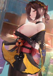 Rule 34 | 1girl, absurdres, breasts, brown hair, chiori (genshin impact), genshin impact, hair ornament, highres, japanese clothes, kimono, large breasts, long sleeves, looking at viewer, medium hair, multicolored hair, n9at, nipples, obi, open mouth, pantyhose, ponytail, red eyes, sash, solo, streaked hair, swept bangs, yellow kimono