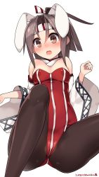 Rule 34 | 10s, 1girl, 2015, adapted costume, animal ears, blush, breasts, brown eyes, brown hair, covered erect nipples, dated, detached collar, detached sleeves, fake animal ears, hachimaki, hair ribbon, headband, high ponytail, highres, kantai collection, kuro chairo no neko, leotard, long hair, looking at viewer, open mouth, pantyhose, paw print, playboy bunny, rabbit ears, ribbon, signature, simple background, small breasts, solo, twitter username, white background, wide sleeves, zuihou (kancolle)