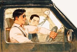 Rule 34 | 2boys, black eyes, black hair, bottle, buzz cut, car, charm (object), chengongzi123, collared shirt, commentary, dark-skinned male, dark skin, driving, english commentary, golden kamuy, green eyes, grin, hand up, highres, koito otonoshin, long sleeves, looking at another, looking at viewer, looking to the side, male focus, motor vehicle, multiple boys, open mouth, perfume bottle, shirt, short hair, simple background, sitting, smile, steering wheel, sunglasses, suspenders, tsukishima hajime, upper body, very short hair, white background