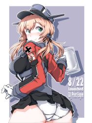 Rule 34 | 1girl, 547th sy, anchor, anchor hair ornament, aqua eyes, ass, back, beer mug, birthday, black skirt, blonde hair, breasts, cross, cup, dated, gloves, grey background, hair ornament, hat, highres, iron cross, kantai collection, long sleeves, looking at viewer, looking back, low twintails, medium breasts, microskirt, military, military hat, military uniform, mug, panties, prinz eugen (kancolle), skirt, solo, twintails, underwear, uniform, white background, white gloves, white panties