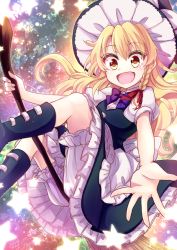Rule 34 | 1girl, apron, black dress, blonde hair, bloomers, boots, bow, braid, broom, broom riding, commentary request, dress, hair between eyes, hair ribbon, hat, hat bow, kirisame marisa, long hair, looking at viewer, mikagami hiyori, open mouth, outstretched hand, puffy short sleeves, puffy sleeves, ribbon, short sleeves, smile, solo, star (symbol), touhou, underwear, witch hat