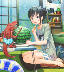 Rule 34 | 1girl, 1other, aiuabo, animal, bag, barefoot, bird hair ornament, black eyes, black hair, blue male swimwear, blue swim trunks, book, cactus, calendar (object), chair, chips (food), clothed animal, commentary request, crying, cushion, doorway, dragon, eating, flower, food, fruit, grey shirt, hair ornament, highres, holding, holding pen, holding stick, indoors, innertube, male swimwear, morning glory, open book, open mouth, original, paw print, pen, plant, ponytail, potato chips, potted plant, print shirt, school bag, shirt, sitting, stick, striped, striped male swimwear, striped swim trunks, sweatdrop, swim ring, swim trunks, swimsuit, table, wariza, watermelon, writing