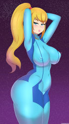 Rule 34 | 1girl, absurdres, arms up, ass, blonde hair, blue bodysuit, blue eyes, blush, bodysuit, breasts, covered navel, cowboy shot, drunkavocado, covered erect nipples, highres, impossible clothes, large breasts, lips, long hair, metroid, nintendo, parted lips, ponytail, samus aran, solo, star (symbol), starry background, zero suit