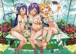 Rule 34 | 3girls, absurdres, animal, barefoot, bench, bikini, blue hair, blush, book, bouquet, bracelet, breasts, bug, butterfly, butterfly hair ornament, camera, cat, cleavage, closed eyes, dan evan, eyepatch bikini, feet, flower, flower on head, frilled bikini, frills, hair between eyes, hair flower, hair ornament, hairclip, head wreath, high heels, highres, holding, holding book, holding bouquet, holding camera, holding umbrella, hoshizora rin, huge filesize, insect, jewelry, lily white (love live!), long hair, love live!, love live! school idol project, low twintails, midriff, multiple girls, navel, necklace, one side up, open book, open mouth, orange hair, parasol, purple hair, reading, short hair, side-tie bikini bottom, sitting, small breasts, smile, soles, sonoda umi, swimsuit, teeth, toes, tojo nozomi, twintails, umbrella, upper teeth only, white bikini, white cat, winged hair ornament