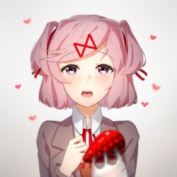 Rule 34 | 1girl, blurry, blurry foreground, blush, commentary, depth of field, doki doki literature club, english commentary, feeding, food, fork, fruit, hair ornament, hair ribbon, hairclip, heart, highres, incoming food, looking at viewer, natsuki (doki doki literature club), open mouth, pink eyes, pink hair, pov, pov feeding, red ribbon, ribbon, sasoura, school uniform, short hair, simple background, solo, strawberry, swept bangs, two side up, upper body, white background