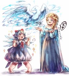 Rule 34 | 2girls, arms up, bad id, bad pixiv id, barefoot, bird, blonde hair, blue eyes, blue hair, blush, bow, braid, cape, cirno, clenched hands, crossover, cryokinesis, dress, elsa (frozen), frozen (disney), hair bow, ice, koto inari, long sleeves, looking up, multiple girls, open mouth, pointy ears, power connection, short hair, short sleeves, simple background, single braid, sparkle, standing, strapless, strapless dress, touhou, trait connection, white background, wings