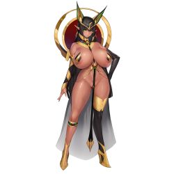 Rule 34 | 1girl, animal ears, ankh, areola slip, black hair, black thighhighs, breasts, dark-skinned female, dark elf, dark skin, egyptian, egyptian clothes, elf, full body, functionally nude, green eyes, hair between eyes, high heels, highres, hime cut, huge breasts, jackal ears, last origin, legs, long hair, long pointy ears, looking at viewer, official art, pelvic curtain, pointy ears, revealing clothes, sekhmet of death, simple background, single thighhigh, snowball22, solo, tachi-e, thighhighs, transparent background, very long hair