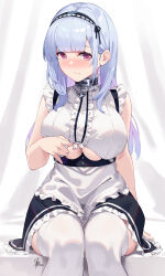 Rule 34 | 1girl, absurdres, anchor choker, apron, arm support, azur lane, bare shoulders, black hairband, black skirt, blue hair, blunt bangs, blush, breasts, center frills, choker, clothes lift, clothing cutout, curtains, dido (azur lane), embarrassed, frilled apron, frilled choker, frilled shirt, frilled skirt, frills, gradient hair, hair behind ear, hairband, highres, kimi tsuru, lace-trimmed hairband, lace trim, large breasts, lifting own clothes, long hair, looking at viewer, maid, maid apron, maid headdress, multicolored hair, pink eyes, pink hair, shirt, sidelocks, signature, sitting, skirt, sleeveless, thighhighs, thighs, underboob, underboob cutout, waist apron, white apron, white thighhighs, zettai ryouiki