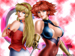 Rule 34 | 2girls, :d, armband, bare arms, bare shoulders, blonde hair, blue eyes, breasts, choker, cleavage, cleavage cutout, clothing cutout, crossed arms, cutie honey, cutie honey (character), dual persona, earrings, female focus, gloves, hairband, heart, heart choker, jewelry, kisaragi honey, large breasts, lips, lipstick, long hair, looking at viewer, looking back, magical girl, makeup, multiple girls, open mouth, purple eyes, red hair, round teeth, short hair, sleeveless, smile, teeth, toten (der fuhrer), upper body, yellow gloves